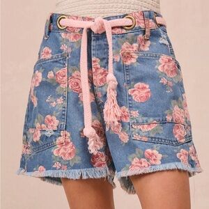 BiBi Floral Jean Shorts with Pink Rope Belt